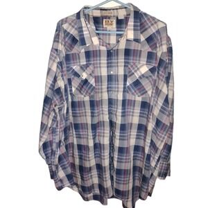 Ely Cattleman Big Man Shirt Mens 4XL B‎ Pearl Snap Long Sleeve Blue White Plaid